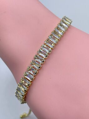 Swarovski Crystal Element Diamond White Baguette Tennis Bracelet Gold Adjustable